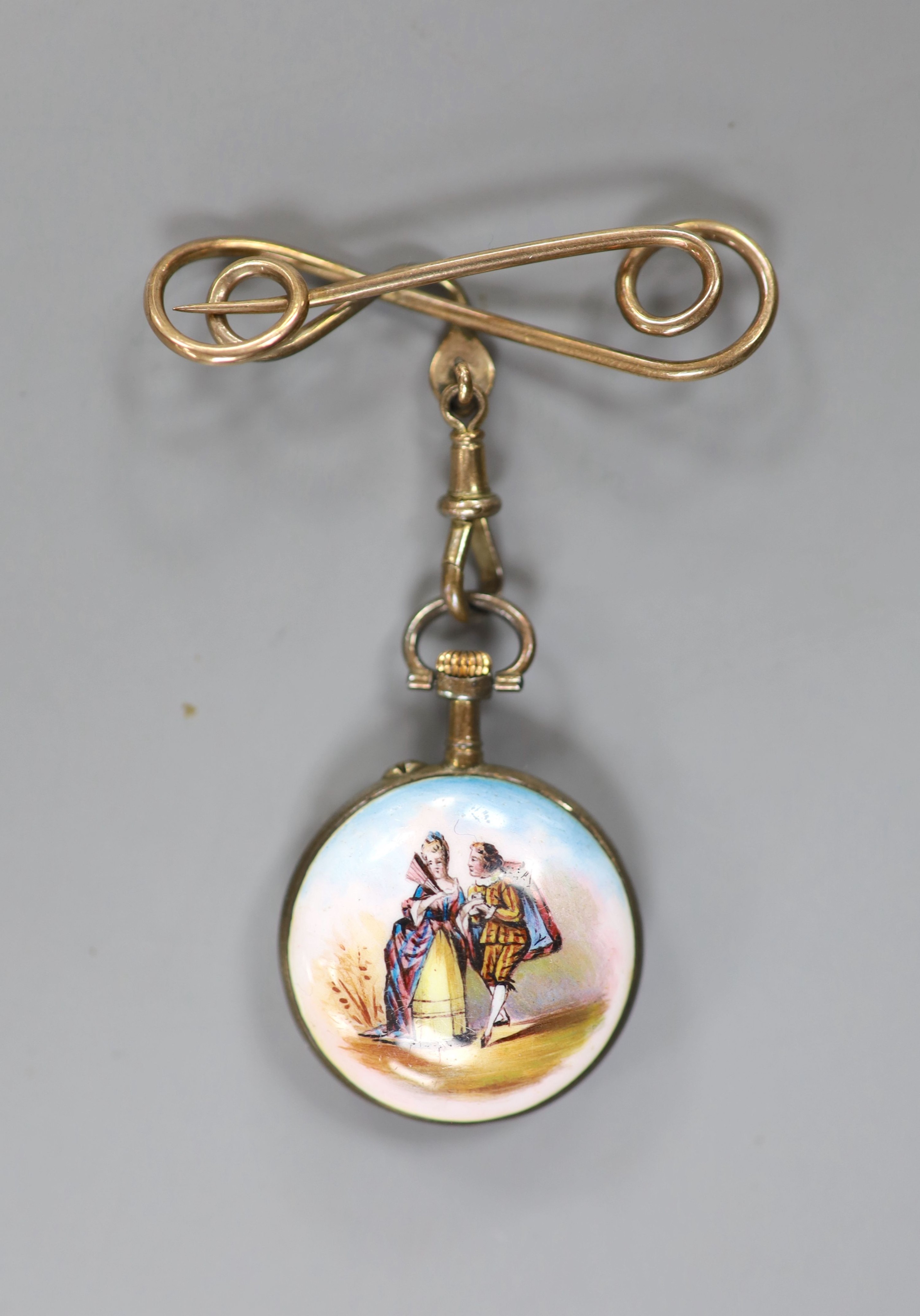 An early 20th century continental sterling and enamel open face fob watch, on a gilt metal serpent suspension brooch.